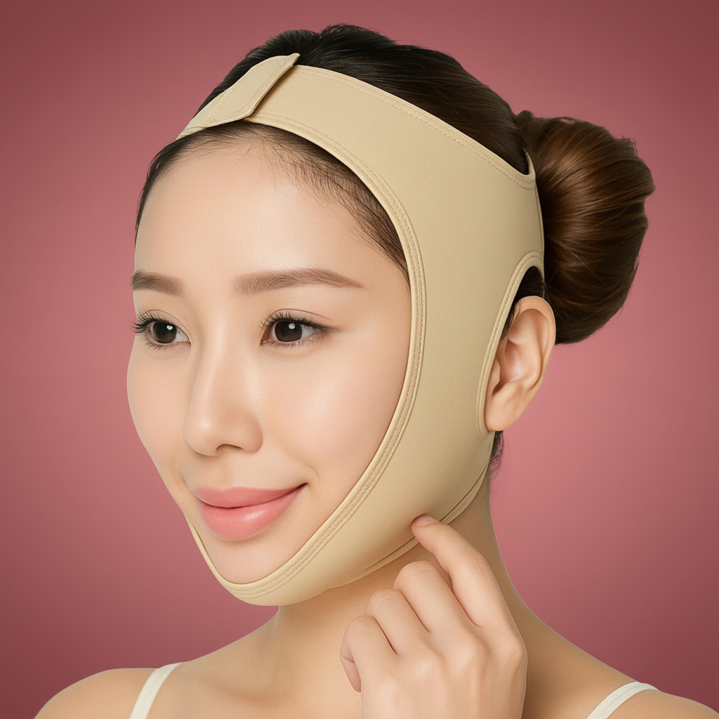 Femme asiatique masque facial fond rose