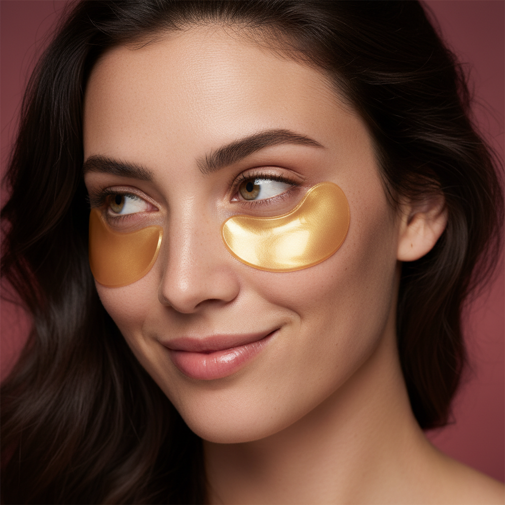 Femme patchs dorés regard malicieux