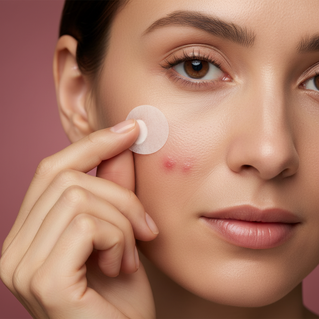 Femme retirant patch avec imperfections visibles