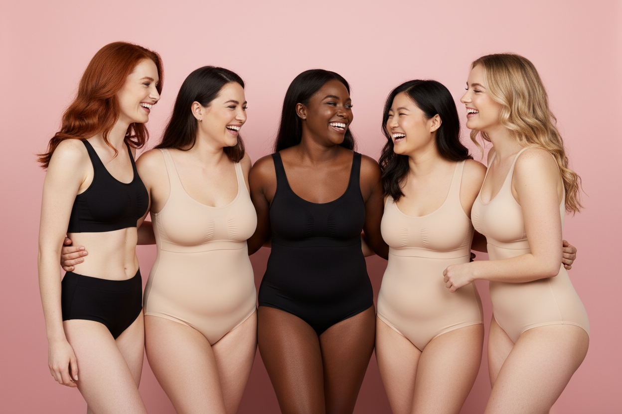 Six femmes diverses avec différentes corpulences riant ensemble